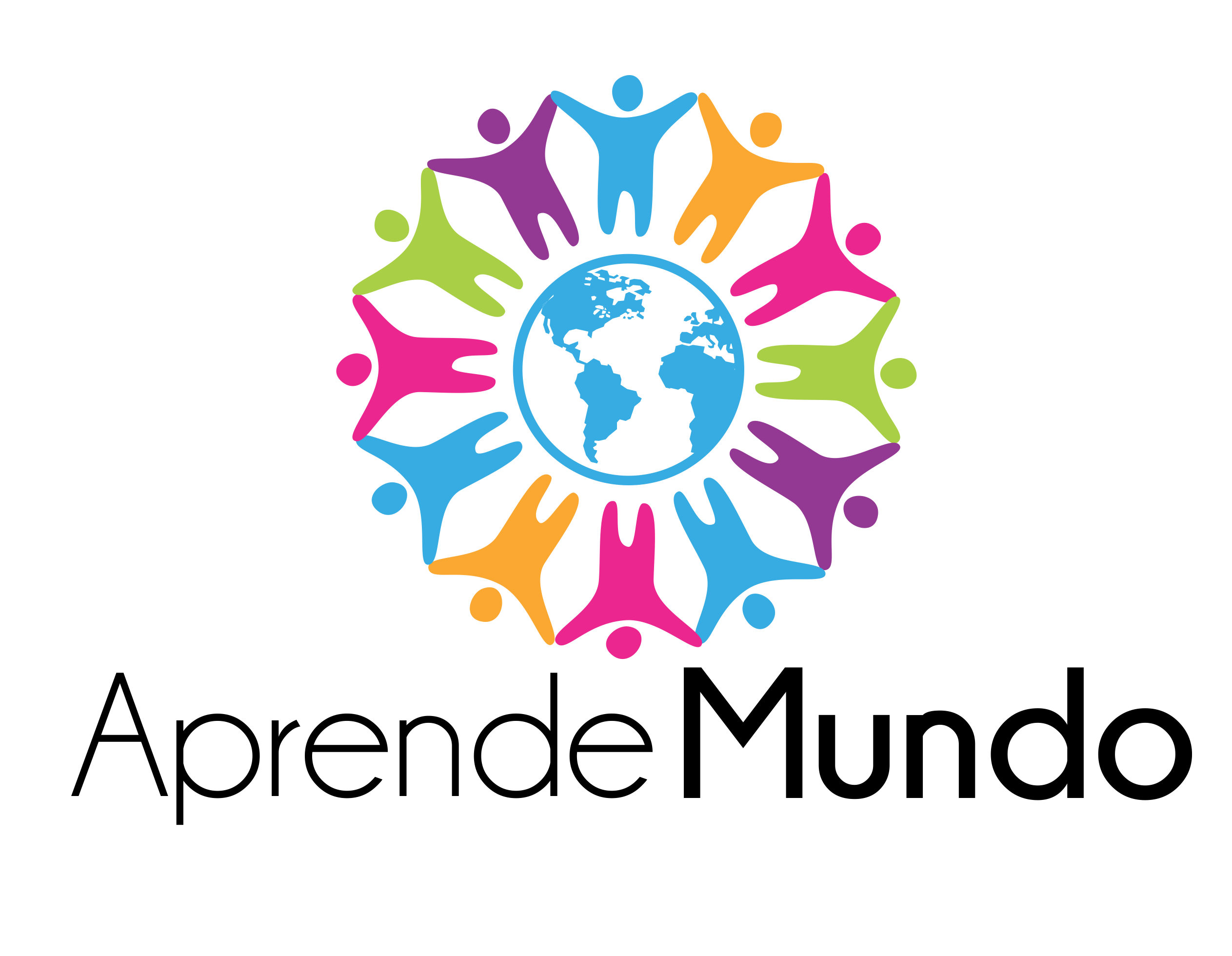 Logo de Aprende Mundo, el planeta tierra rodeado por símbolos de personas.